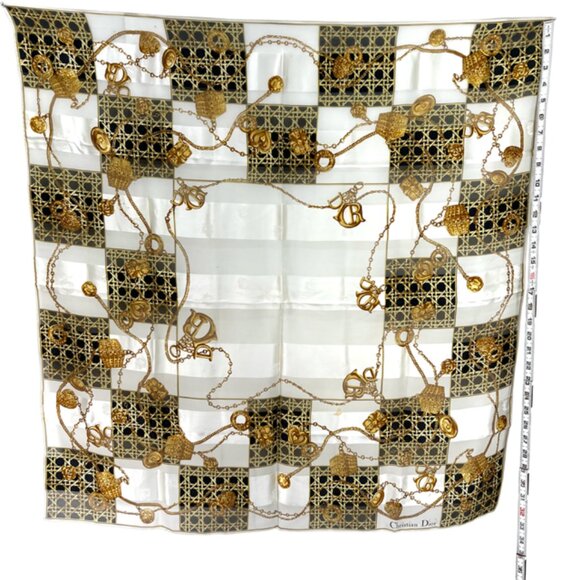 Vgt  Christian Dior 100% Silk Chiffon Scarf  34"  Ivery God  Chain Black (33 - Picture 8 of 14